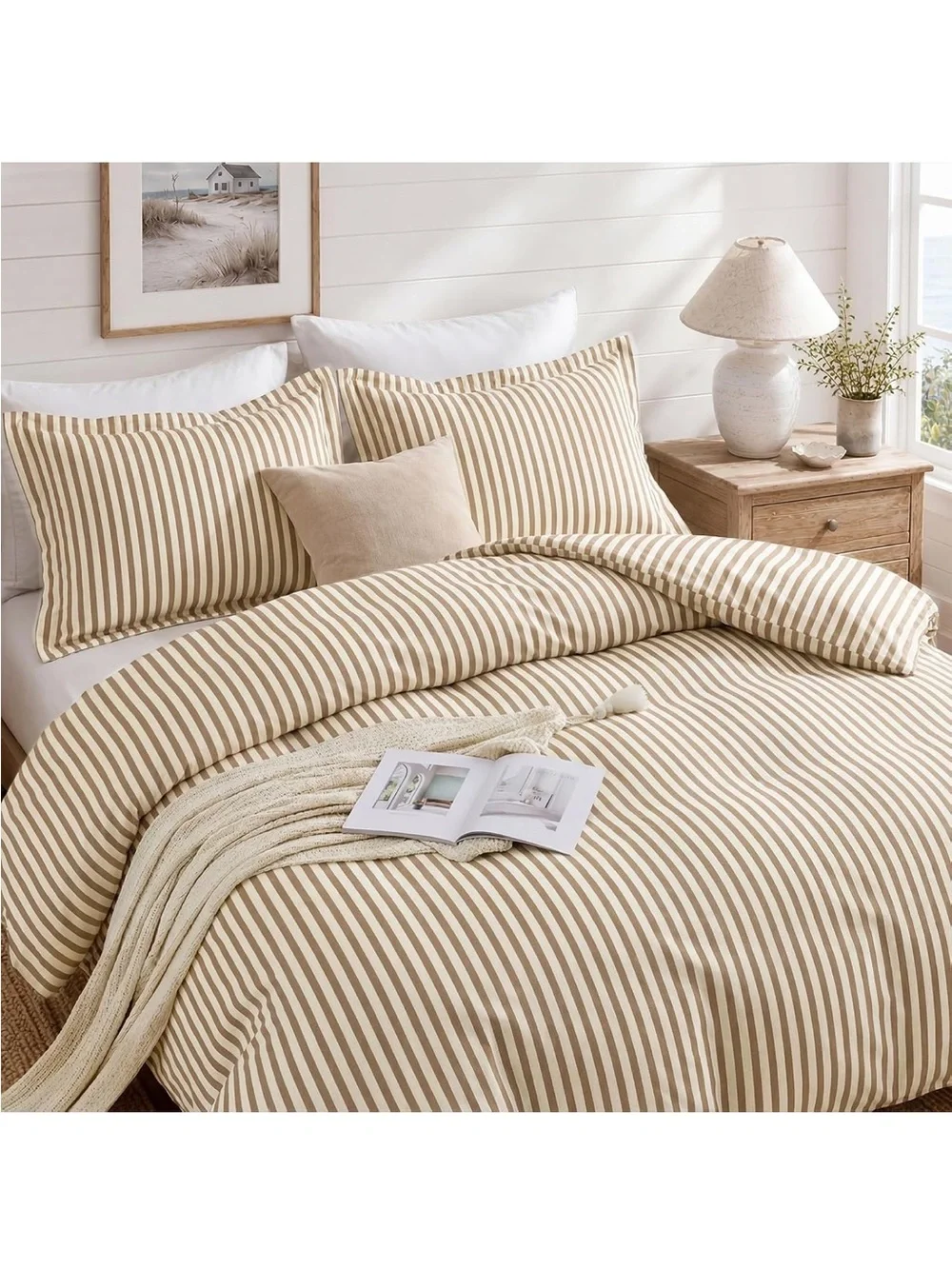NEW JOLLYVOGUE Striped Duvet Cover Set. Khaki Stripes. Full.
